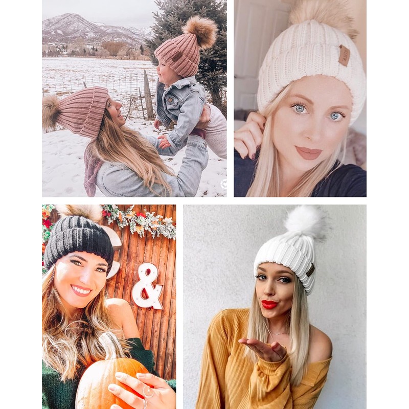 FURTALK Womens Winter Beanie Hat Fleece Lined Faux Fur Pom