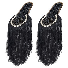SUPERFINDINGS Pack of 2 Polyester Shoulder Flaps with Tassel for Sewing on Felt Fabric Shoulder Badge Made of Black Pearls with Rhinestones Made of Alloy Accessories for Dress Medals 32.7 cm