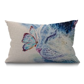 BGBDEIA Cushion Cover Sleepy Cat Watercolor Butterfly Little Cute Animal Funny Lovely Pet Rectangular Throw Pillow Cover for Couch Sofa Home Decor Cotton Linen 12x20 Inch 30 x 50 cm