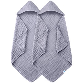 SWEET DOLPHIN Muslin Hooded Baby Bath Towels - 2 Pack 100% Cotton Towel for Babies, Infants, Toddlers - 32x32Inch - Highly Absorbent and Newborn Essential, Grey