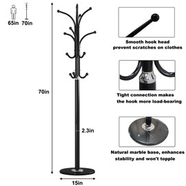 HOMEFORT Coat Rack Stand, Freestanding Coat Tree with Natural Marble Base, Metal Hall Tree with 12 Hooks for Hanging Hat, Clothes, Bag, Entryway Storage Organizer, Black