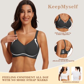 KeepMyself Wireless Bras for Women No Underwire Push Up Comfort Soft Bra Seamless Supportive Full Coverage Everyday Bras Regular and Plus Size Bralettes, Black M