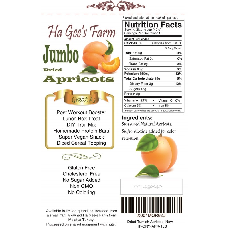 Turkish Dried Apricot, Gourmet Fresh Jumbo Size #1, Reseable Bags(1LB)