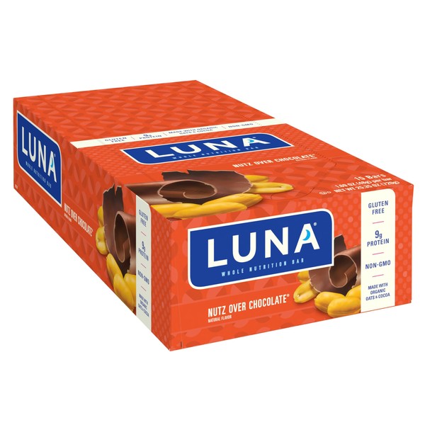 LUNA Bar - Nutz Over Chocolate Flavor - Gluten-Free - Non-GMO - 7-9g Protein - Made with Organic Oats - Low Glycemic - Whole Nutrition Snack Bars - 1.69 oz. (15 Count)
