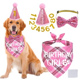STMK Dog Birthday Outfits, Multi Size Dog Birthday Hat Dog Birthday Girl Bandana Bow Tie Birthday Numbers for Large Extra Large Dogs Pets (Pink, X-Large)