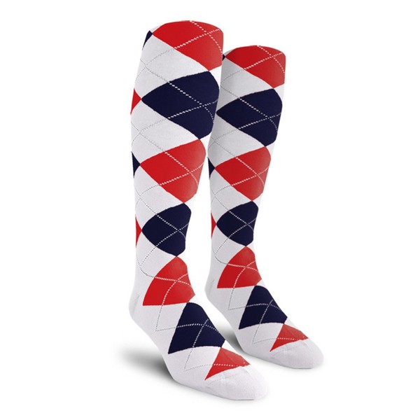 Golf Knickers Colorful Knee High Argyle Cotton Socks for Men Women and Youth - White/Navy/Red - Youth