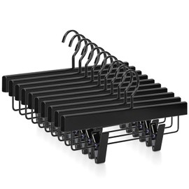 TOPIA HANGER Black Wooden Pants Hangers, Wood Skirt Hangers with Clips, Deluxe Jeans Hanger with 360° Swivel Anti-Rust Flat Hook, Smooth Finish Wood Hangers for Slacks Trousers 20 Pack, CT03B