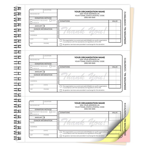 Custom Printed 8.5 x 7 inches (3 per Page) Carbonless Non-Profit Charitable Donation Receipt Books - NCR 3-Part Spiral Bound Pads with Manila Cover Personalized Company Name and Number - 300 Qty