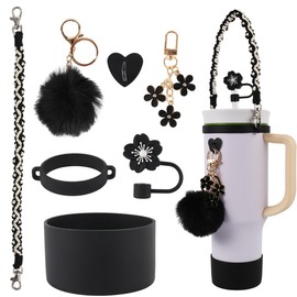 Owala Cup Accessories Set, Includes 1Pcs Water Bottle Holder, 1Pcs Straw Cover, 1Pcs Silicone Boot, 1pcs Pompom Ball, 1pcs Daisy key-chain, Compatible with Owala Cup16oz 24oz and 40oz (Flower pink)