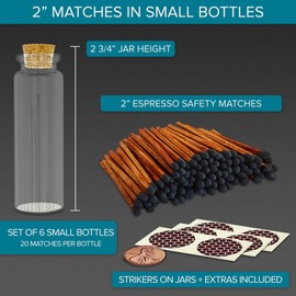 Thankful Greetings Brown & Black 2" Safety Matches | 6 Glass Bottles Each with Cork Top, Striker & 20 Matchsticks (120+ Total) | Decorative Unique & Fun Set for Your Home, Gifts, & Events