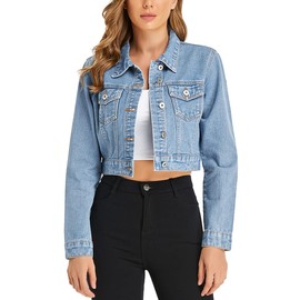 PEIQI Women’s Cropped Jean Denim Jacket Button Down Long Sleeve with Pockets Light Blue Large