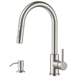FORIOUS Kitchen Faucet with Pull Down Sprayer, Modern Single Hole Kitchen Sink Faucet with Soap Dispenser, Deck Plate, Brushed Nickel Single Handle, High Arc Stainless Steel for RV Farmhouse Laundry