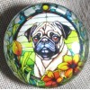 GLASS DOME PIC BUTTON "STAINED GLASS" PUG DOG WITH FLOWERS