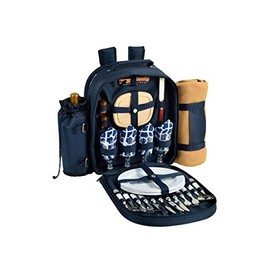 Picnic at Ascot - Deluxe Equipped 4 Person Picnic Backpack with Cooler, Insulated Wine Holder & Blanket - Trellis Blue