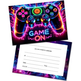 Olivia Samuel 40 PACK of Party Invitations with Envelopes - Gaming Themed Party Invites in Neon Colours. Designed and Printed in the UK