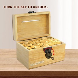 Gwezmxs Children's Money Box, Treasure Chest Wooden Piggy Bank with Lock, Money Box with Key, Adults Children Savings Bank Gift