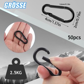 Pack of 50 Carabiner Hooks, Small, 40 x 3.6 mm, Carabiner Hook, Aluminium Carabiner Key Ring for Backpack, Belt, Dog Lead, Camping, Hiking, Fishing, Travel (Black)