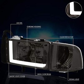 PM PERFORMOTOR Headlights Assembly Compatible with 1994-2002 Dodge Ram Pickup, Headlamps with LED DRL, Smoked Lens/Clear Corner