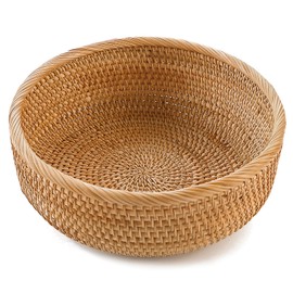 HITOMEN Handmade Rattan Bread Baskets Round Wicker Fruit Serving Storage Bowls, Natural Woven Decorative Kitchen Counter Organizing (Honey Brown) L-10.3"