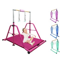 kechery Foldable Gymnastics Bar with Mat, Rings and Bar Pad for Junior Kids, 3'-8' Adjustable Height and Expandable Gymnastics Horizontal Bar Indoor Equipment for Kid's Training at Home.
