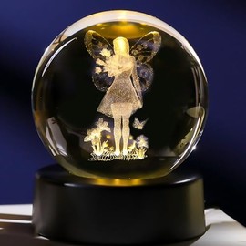 6cm K9 Crystal Ball Engraved 3D Fairy with Rose Figurine Paperweight with LED Light Base, Fairy Themed Ornament Gifts for Women Friends Fairy Lovers for Birthday Christmas