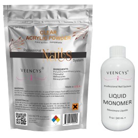 Vencys Acrylic Powder for Nail (16 oz CLEAR) + Veencys TRUE EMA Professional Liquid Monomer. Non-yellowing. Ultra Shine and Strong Nail (8 FL oz)