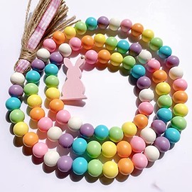 Guirnalda de abalorio de madera de Pascua con borla de yute y etiqueta de conejo, decoración de primavera, abalorio de madera coloridas de granja, abalorio de oración rústicas para bandeja escalonada,