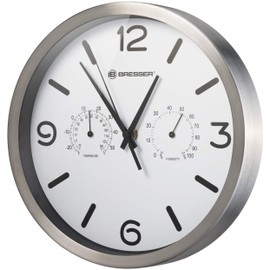 Bresser MyTime ND Radio Controlled Wall Clock, Thermo-Hygro with Silent Radio-Controlled Movement, Stainless Steel Frame and Display for Temperature and Humidity, White