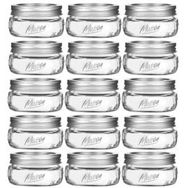 16 Pack Mason Jars 8 oz - Wide Mouth Mason Jars with Silver Metal Airtight Lids and Bands, Glass Canning Jar for Canning, Pickling, Preserving, Jam, Honey, DIY Decor, Shower Favors