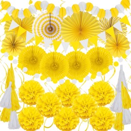 ZERODECO Party Decorations, 41 Pcs Yellow Papar Fans Pompoms Garlands String Tissue Paper Tassel for Graduation Congrats Grad New Years Spring Festival Wedding Birthday Party