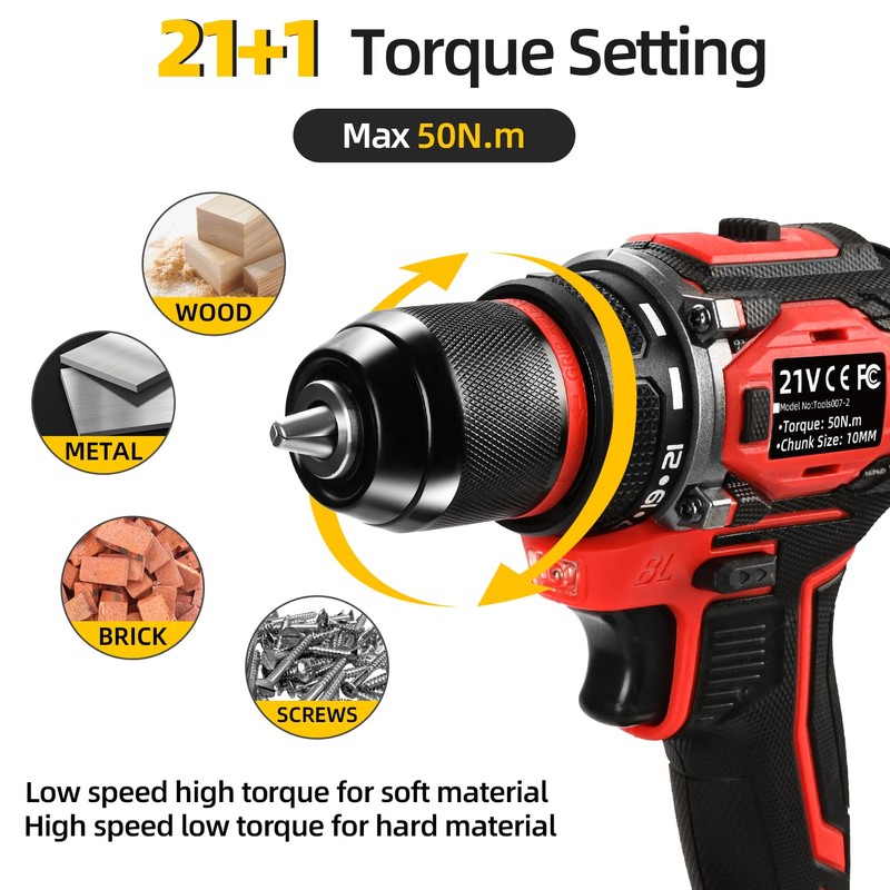 21V Cordless Power Drill/Driver Set, 2 Variable Speeds with LED