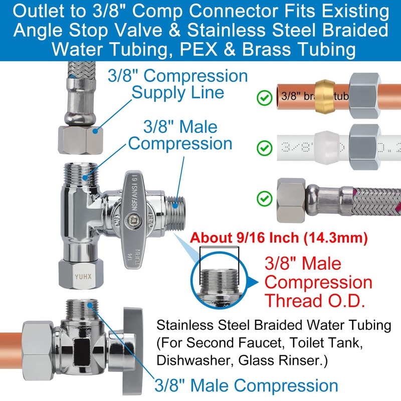 Brass Angle Stop Add-A-Tee Valve,3/8 x 3/8" x 3/8 Compression