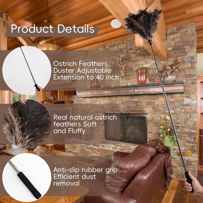 Extendable Ostrich Feather Duster - 40 inches Fluffy Long Handle
