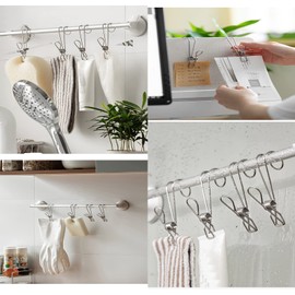 304 Stainless Steel Metal Long Tail Clip with Hooks Clothes Pins Hanging Universal Clips for Kitchen Bathroom Office 12 Pack