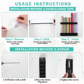 Baderke Straw Holder for Cabinet Reusable Straw Organizer with Double Sided Adhesive Tape Screws Storage Container for Kitchen Counter Cupboard(Black,Classic)