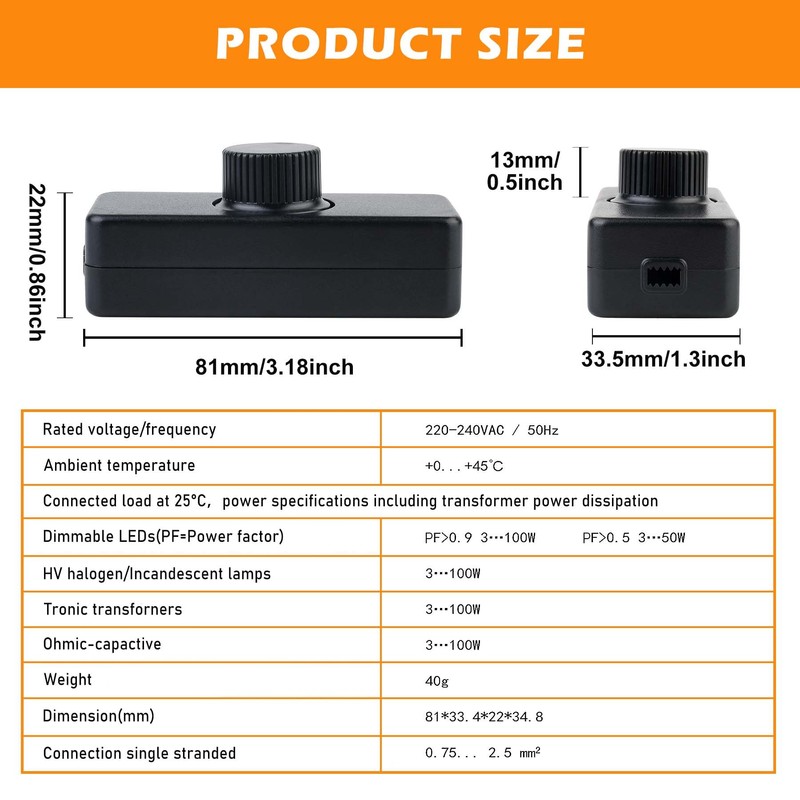 Dimmer Switch for LED Lamps, 220-240VAC/50Hz LED Cord Dimmer, LED