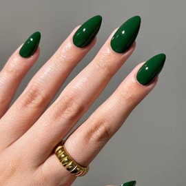 Vopintpy 30 Pcs Dark Green Solid Color Press on Nails Short Medium Almond Fake Nails with Glue on Nails Glossy Acrylic Full Cover Stick on Nails for Women DIY Manicure