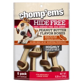 CHOMP 'EMS Chicken & Peanut Butter Hide Free Dog Chews - Rawhide Free Dog Treats - No Hide Alternative Chew Treat for All Life Stages, Bones, 3.5", 6 Count