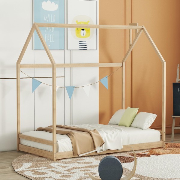Bellemave Toddlers House Beds Twin Montessori Bed for Kids Wood Floor Bed Frame Bedroom Furniture for Girls Boys, Natural