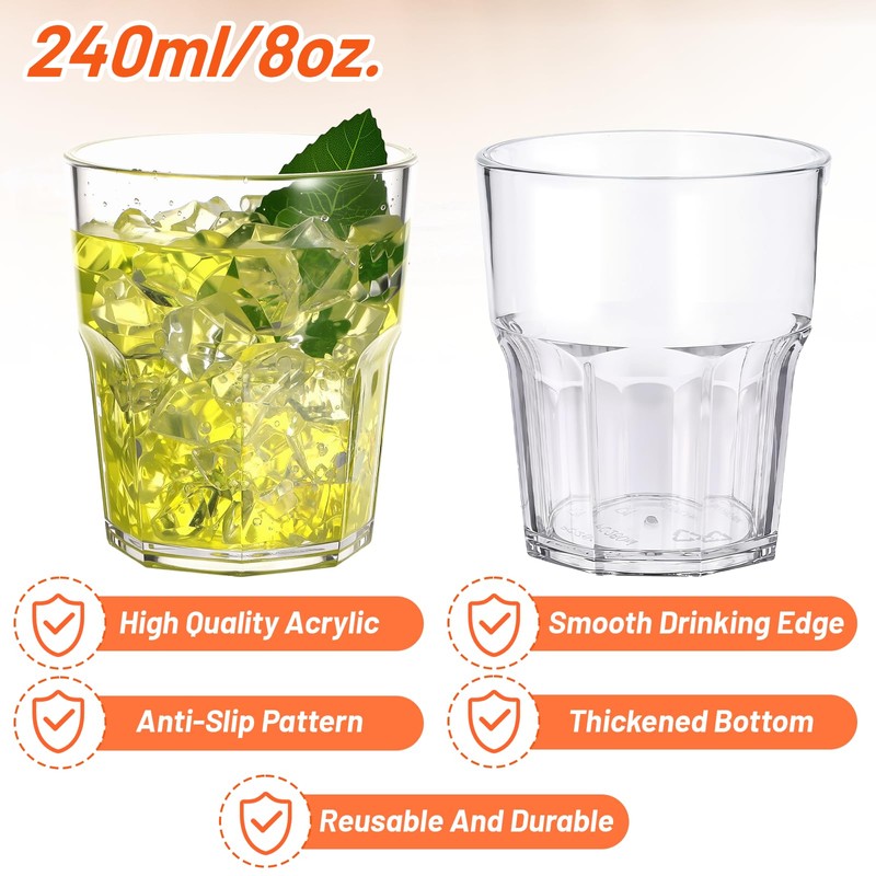 24 Pack Clear Plastic Drinking Glasses, 8 oz Shatterproof Stackable