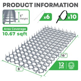 Petfolio 12 Pack Scat Mat for Cats - 16 x 8 Inch Cat Deterrent Mat with Spikes with 1 Inch Spikes, 6 Garden Staples & 10 Zip Ties. Pet Training Mat for Cat Repellent Indoor & Outdoor