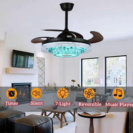 efperfect 42" Reversible Fandelier Ceiling Fan with Lights Bluetooth Speaker, Smart 7 Color Dimmable Crystal Chandelier with Remote Control, 6-Speeds Retractable Black Fan Lighting for Indoor Decor