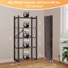 Yuanjimi 5-Tier Foldable Storage Shelves with Wheels, Folding Metal Shelf Unit, Folding Bookshelf no Assembly, Collapsible Shelves for Craft Shows for Kitchen, Bedroom, Living Room, Rustic Brown