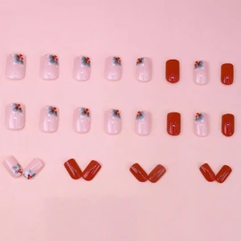 Nail Tip, Short, 24 Pieces, False Nail Tip, Red, Flowers, Skin Color, Popular, Japanese Style, Cute, Simple, Fashionable Party, Autumn, Spring, Summer, Daily Life, Bridal Nail Tip, Coming of Age