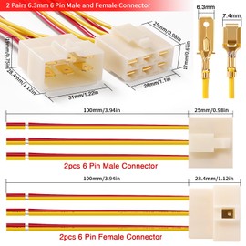 YIXISI 2 Pairs 6.3mm 6 Pin Automotive Electrical Connectors, Male and Female Housing Connector with 100mm 18 AWG Cable, for Motorcycle, Bike, Car, Boats