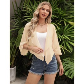 Aottori Womens Summer Bolero Cardigans Ladies 3/4 Sleeve Chiffon Shrugs Shawl Tops Lightweight Solid Casual Short Cardigan UK Champagne M