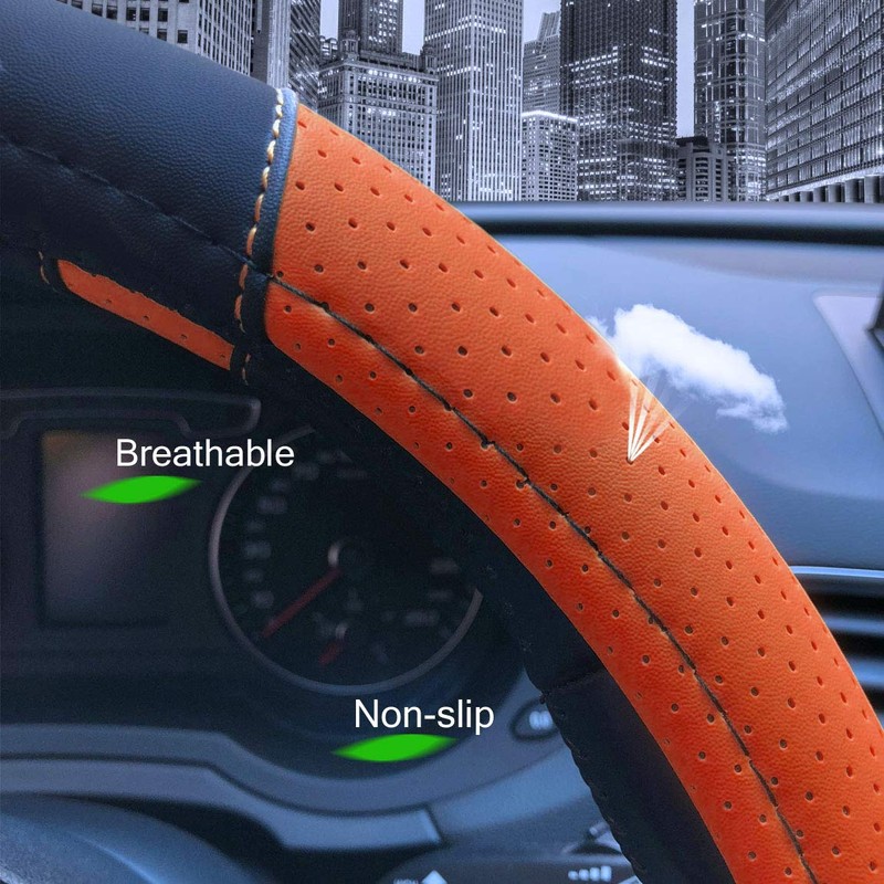 Binsheo Leather Steering Wheel Cover, Breathable, Anti Slip & Odor
