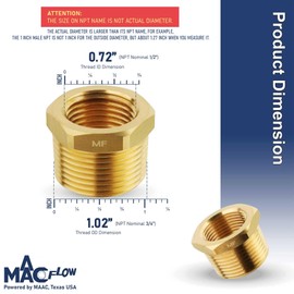 MAACFLOW MAACFLOW brass 3/4" Male NPT to 1/2" Female NPT Adapter Reducer Hex Bushing (Thread OD1.02" - ID 0.72") (Pack of 1)
