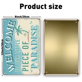 QYAYIK Welcome to Our Little Piece of Paradise Welcome Sign for Front Door, Metal Signs Vintage for Home Swimming Pool River Beach Farmhouse Garden Outdoor Funny Wall Decor, 12x8 Inch