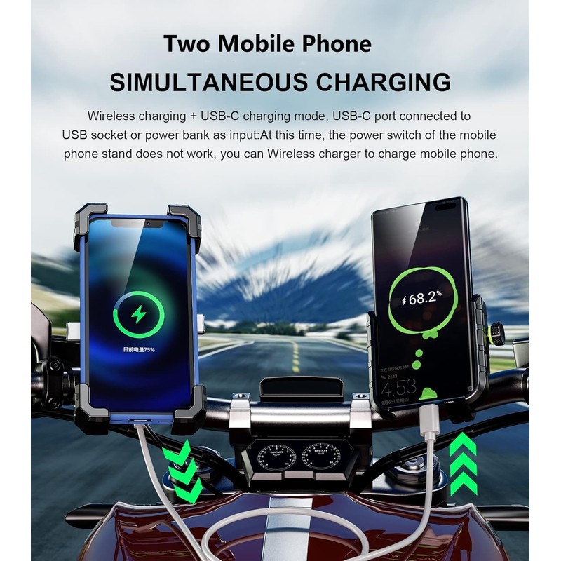 Kewig Motorcycle Phone Mount with Qi 15W Wireless Charger &